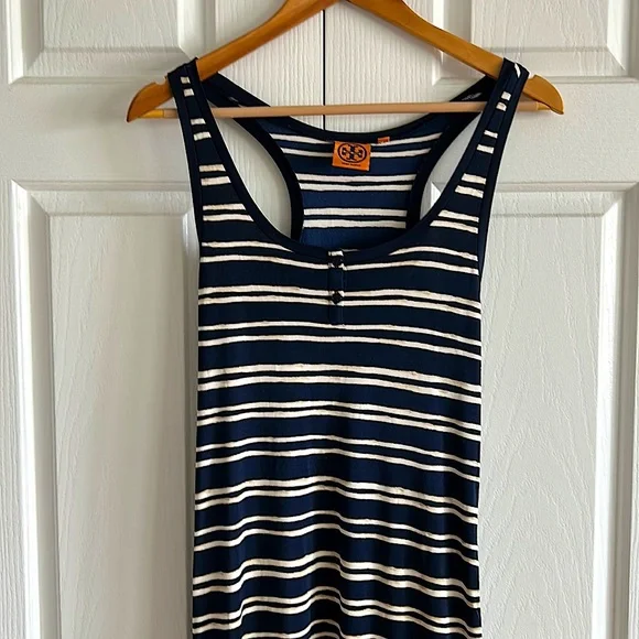 Tory Burch Luxurious 💯% Silk Long Navy/Cream Striped Maxi Dress **Size M** - Picture 3 of 5